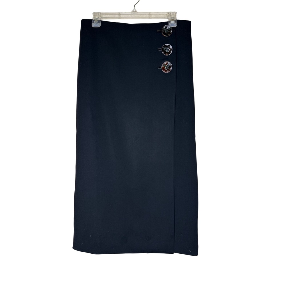 Dana Buchman Faux Wrap Skirt Black Wool Blend Pencil Midi Sz 8 Corporate Chic